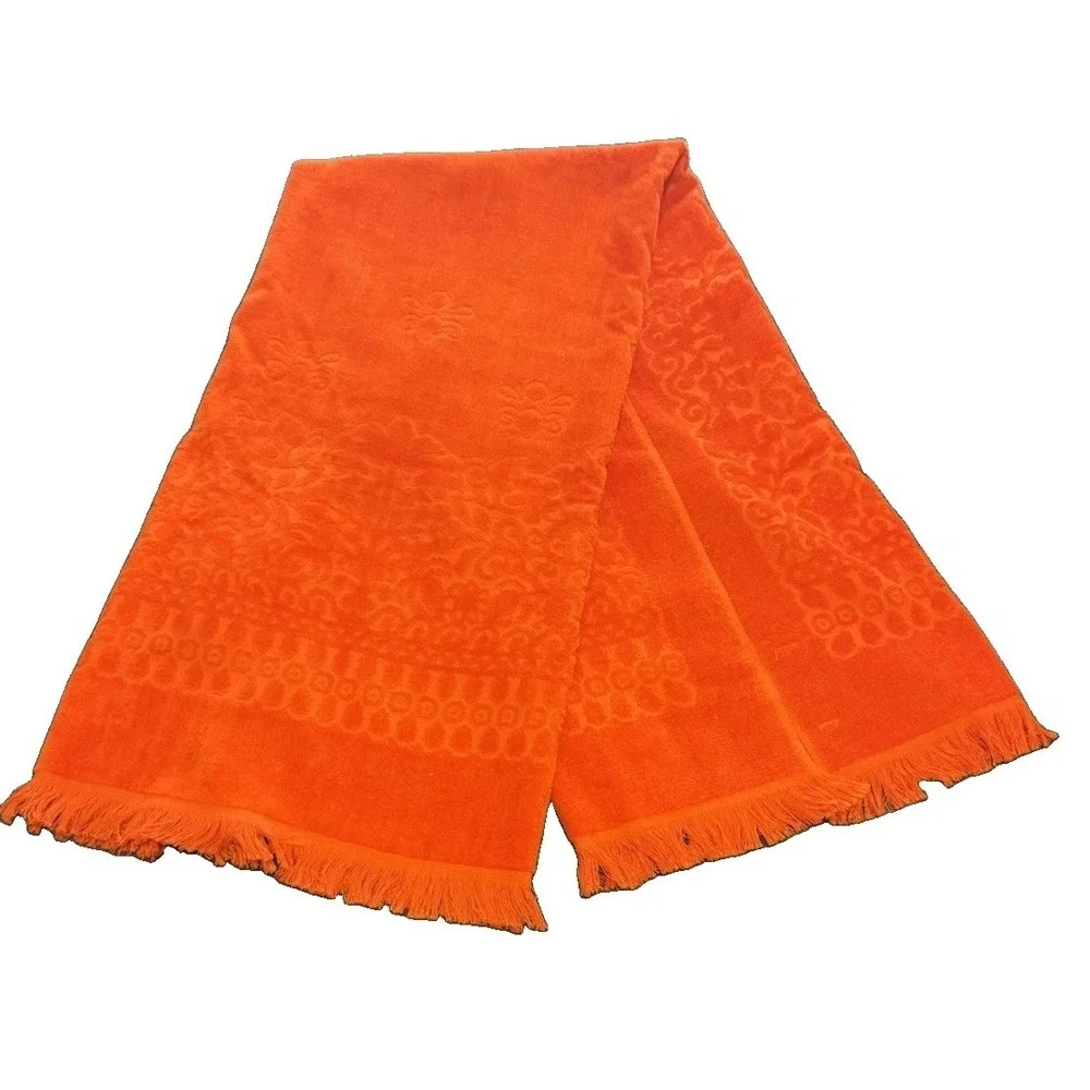 Stevens Utica Orange Fringe Bath Towel 48x25.5 Cotton Floral Damask Vintage